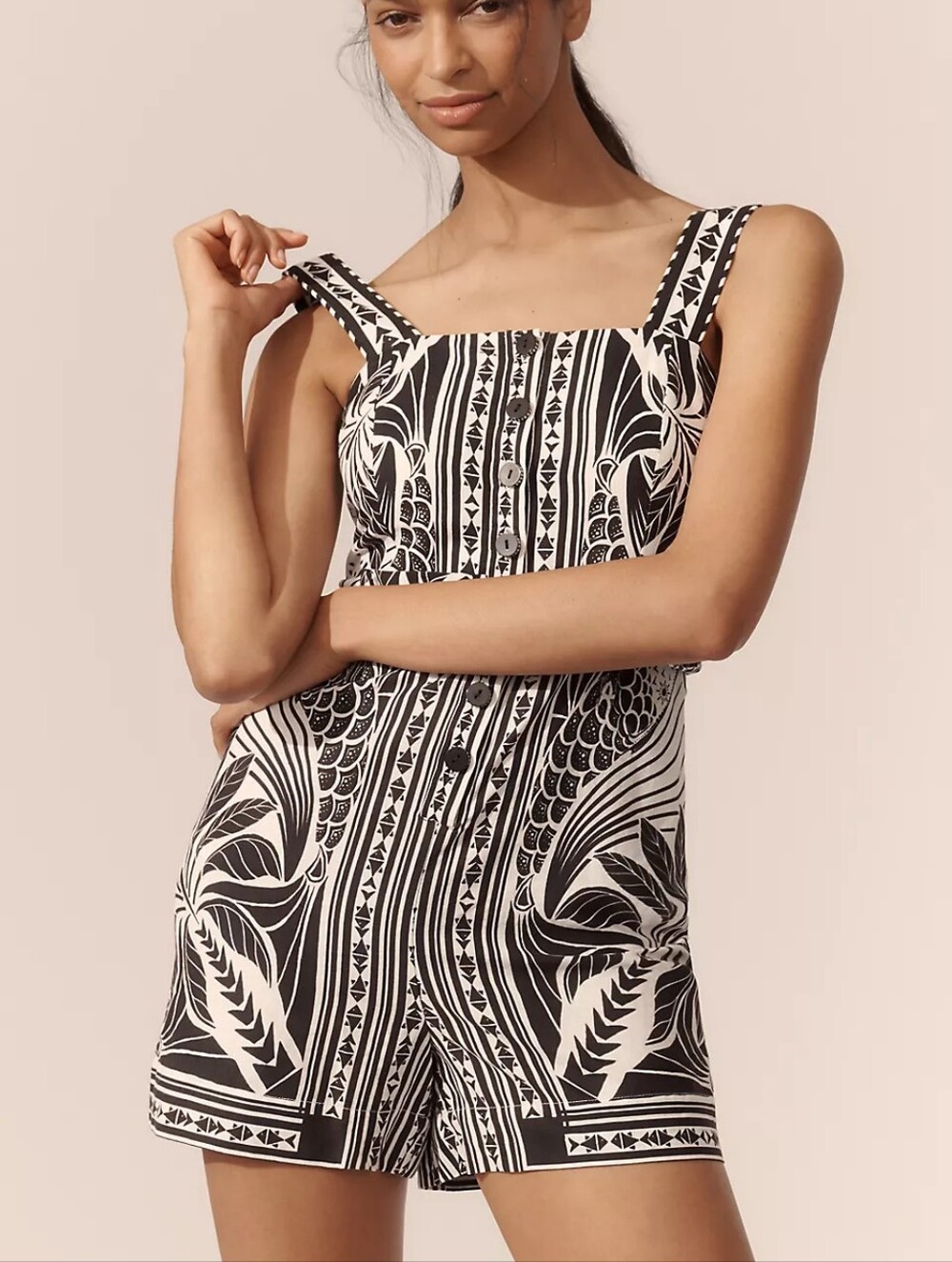 Farm Rio Sleeveless Patterned Romper M Black White Tropical Linen Blend